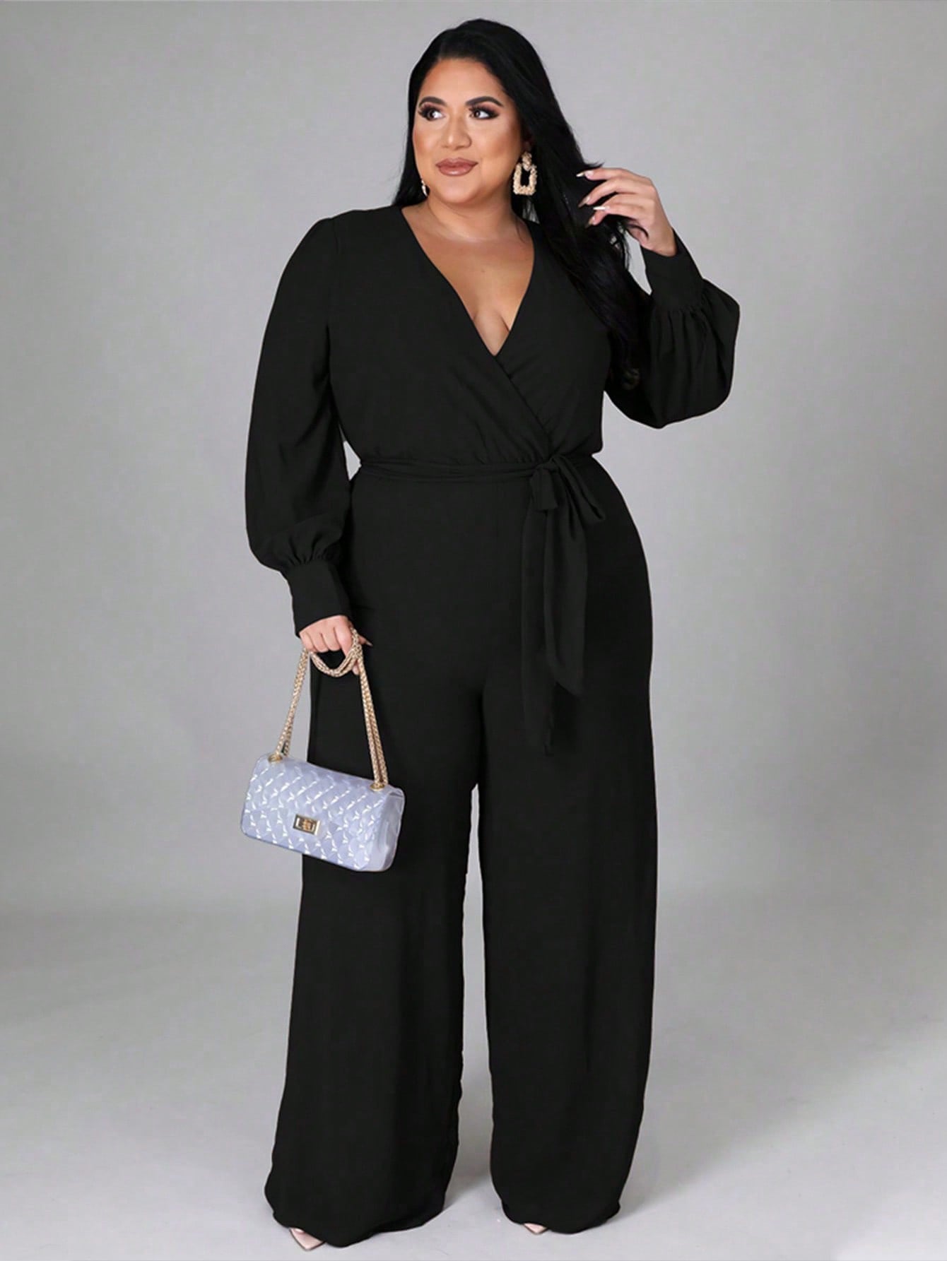 Chic Plus Size Wrap V-Neck Knotted Lantern Sleeve Jumpsuit - Free Shipping