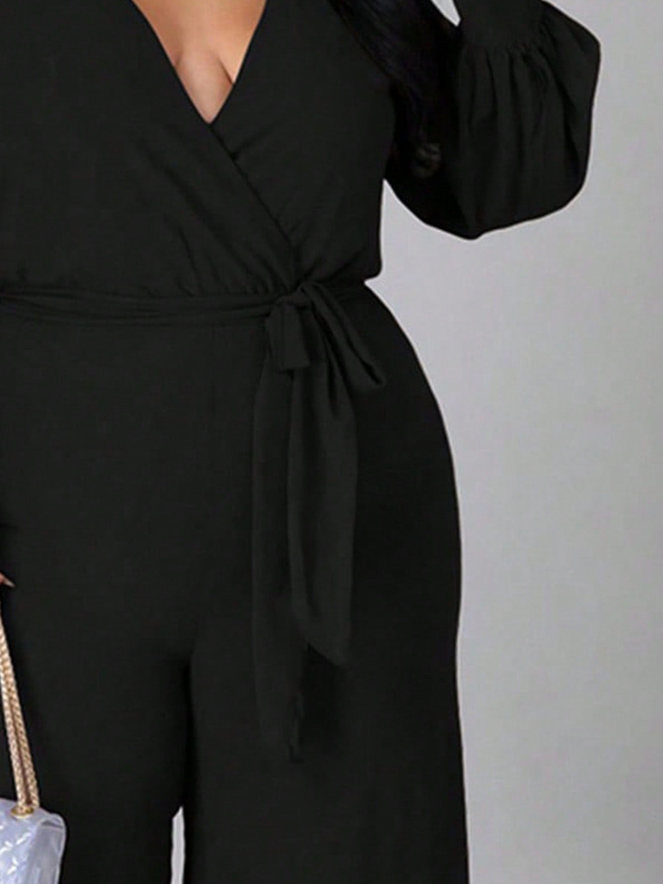 Chic Plus Size Wrap V-Neck Knotted Lantern Sleeve Jumpsuit - Free Shipping