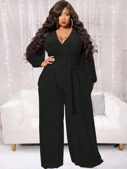 Chic Plus Size Wrap V-Neck Knotted Lantern Sleeve Jumpsuit - Free Shipping