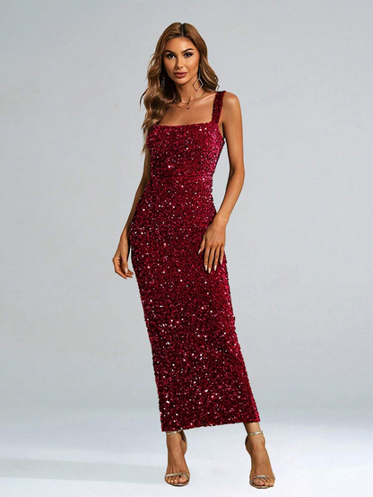 Glamour and Elegance Combined: Red Square Neck Form-Fitting Sequin Long Dress - Free Shipping