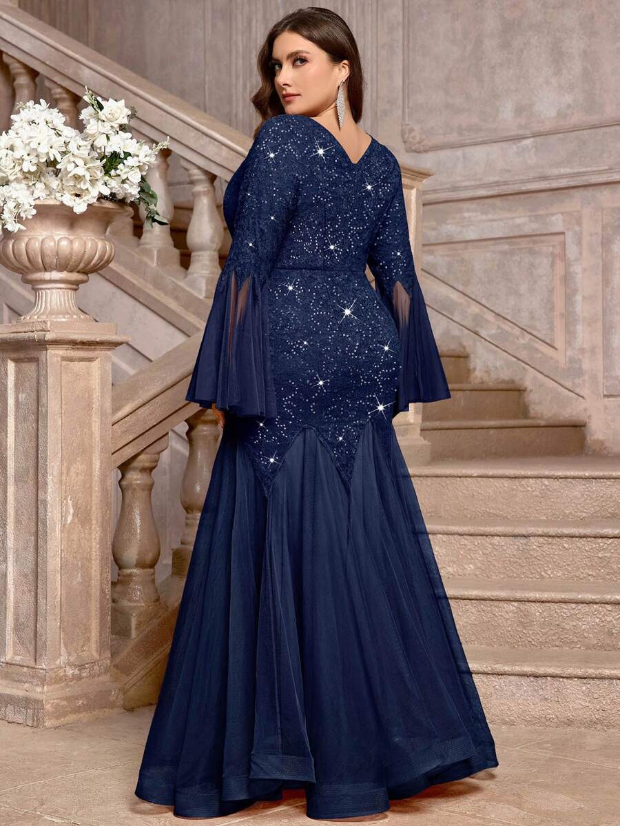 Elegant V-Neck Sparkling Sequin Lace Flared Sleeve Bodycon Mermaid Dre –  Lady Luana Fashion & Accessories