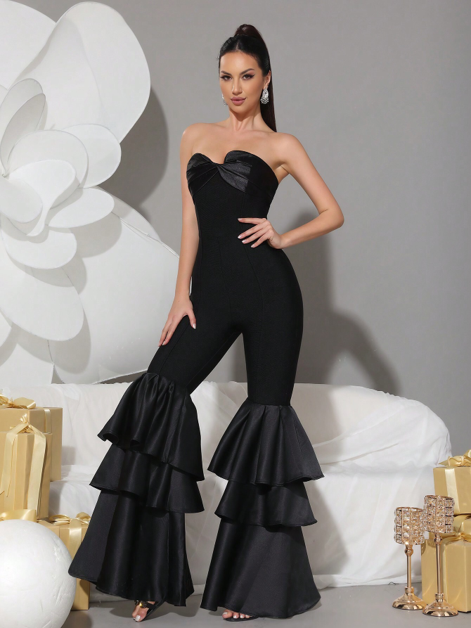 Elegant Strapless Bandage Sweetheart Bow Neckline Jumpsuit Layered Ruffle Legs-Free Shipping