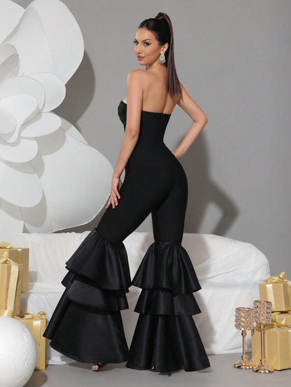 Elegant Strapless Bandage Sweetheart Bow Neckline Jumpsuit Layered Ruffle Legs-Free Shipping