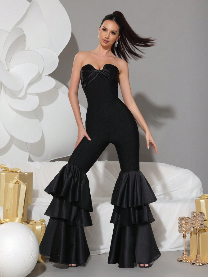 Elegant Strapless Bandage Sweetheart Bow Neckline Jumpsuit Layered Ruffle Legs-Free Shipping