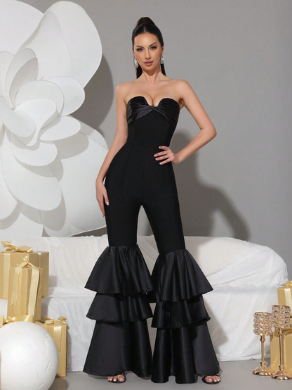 Elegant Strapless Bandage Sweetheart Bow Neckline Jumpsuit Layered Ruffle Legs-Free Shipping