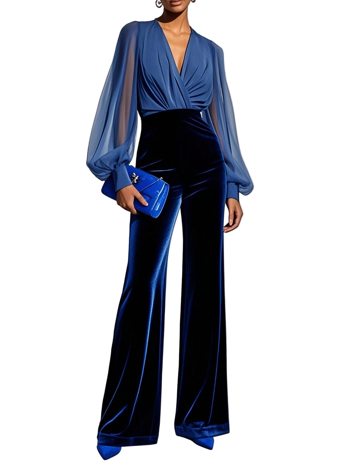 Stylish Royal Blue Deep V-Neck Bishop Sleeve Flared Jumpsuit – Free Shipping