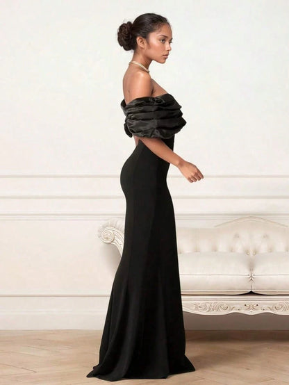 Timeless Off-Shoulder Ruched Bust High Slit Satin Bodycon Maxi Dress – Free Shipping