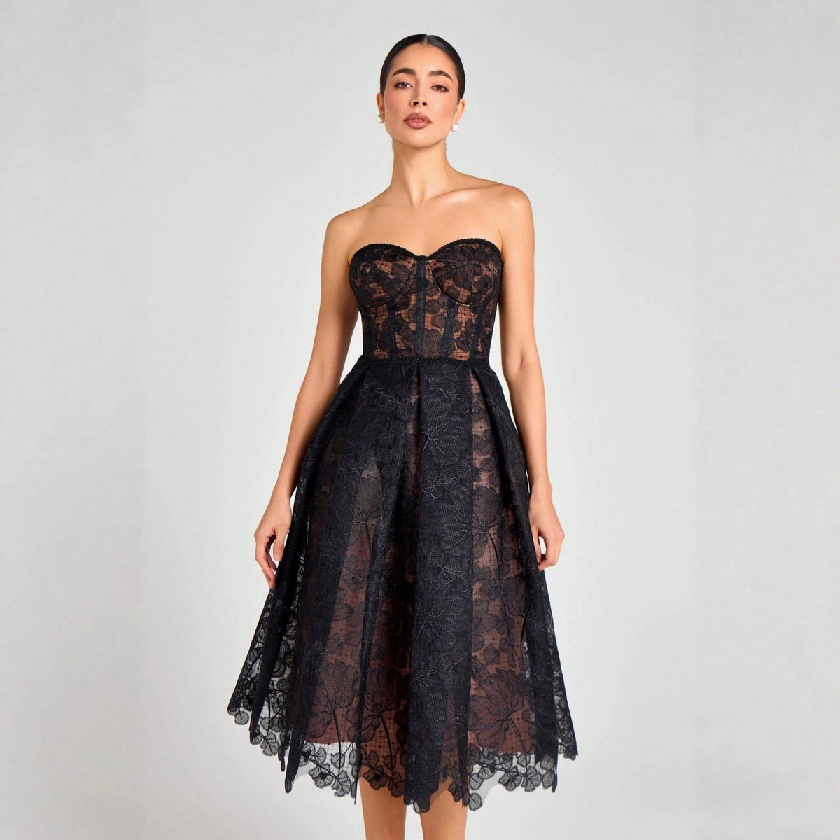 Elegant Strapless Lace Corset Sweetheart Midi Dress - Free Shipping