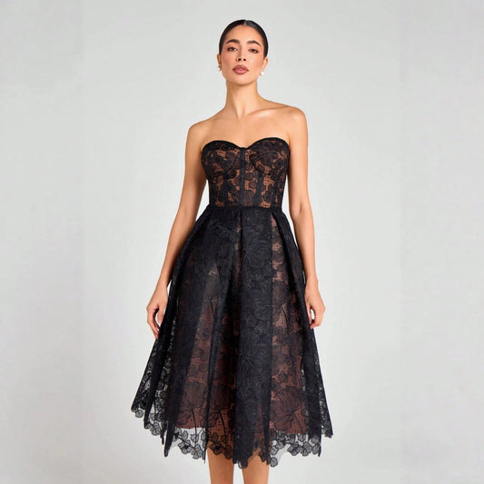 Elegant Strapless Lace Corset Sweetheart Midi Dress - Free Shipping