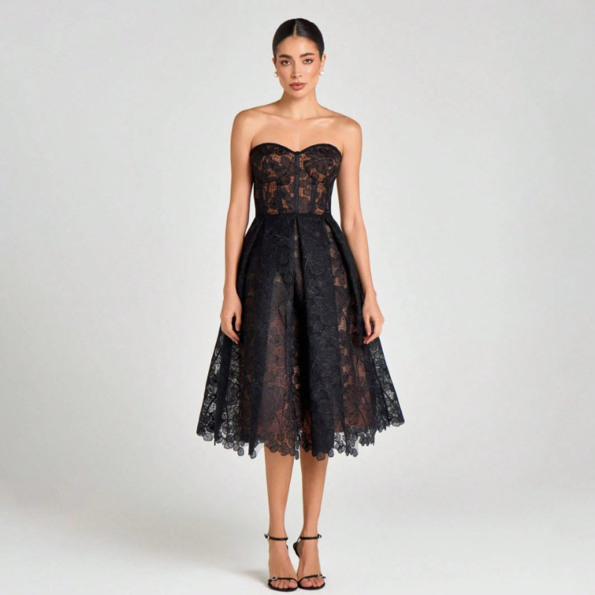 Elegant Strapless Lace Corset Sweetheart Midi Dress - Free Shipping