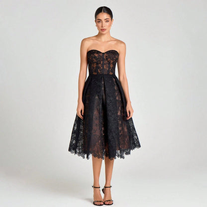 Elegant Strapless Lace Corset Sweetheart Midi Dress - Free Shipping