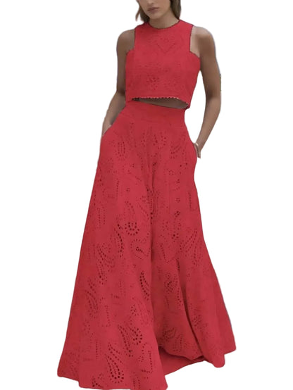 Vintage Sleeveless Pocket Eyelet Two-Piece Maxi Skirt Set - Free Shipping