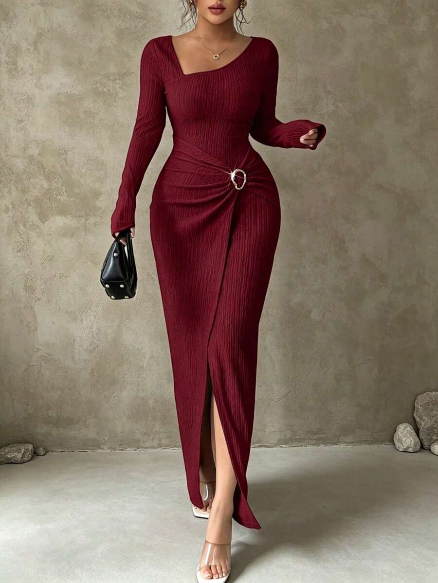 Burgundy asymmetric ribbed long sleeve ruched slit bodycon maxi dress - front view 1