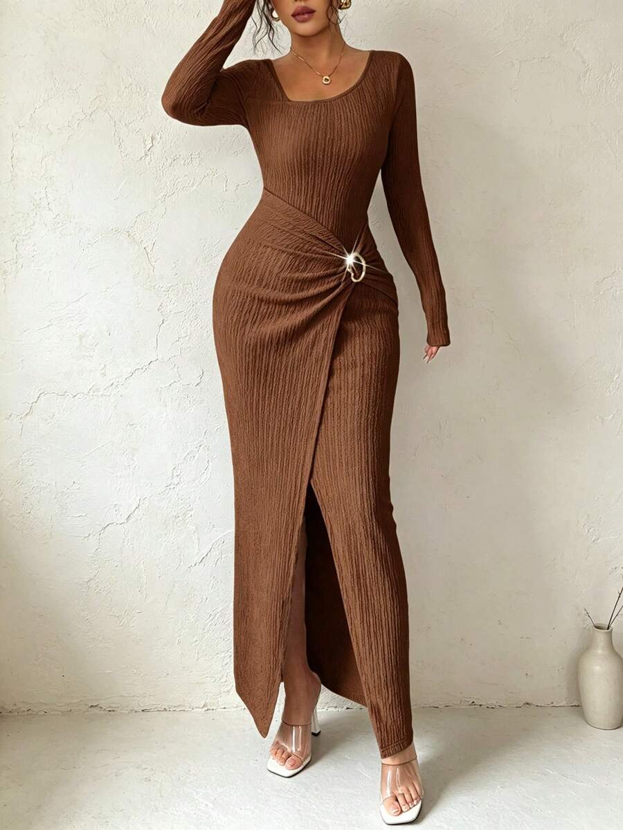 Coffee asymmetric ribbed long sleeve ruched slit bodycon maxi dress - front view 1
