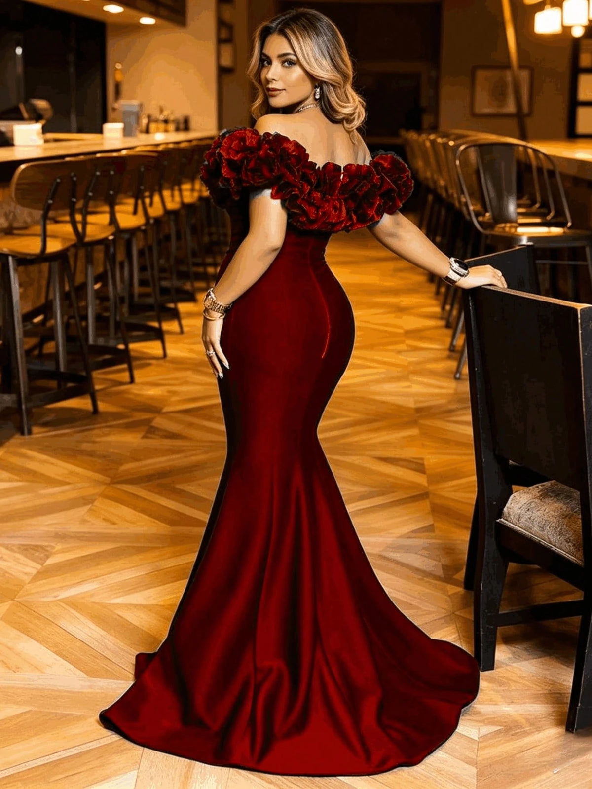 Red gown, back view over shoulder