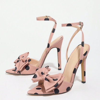 Elegant Silk Polka-Dot Pointed-Toe High Heels with Bow Detail - Free Shipping