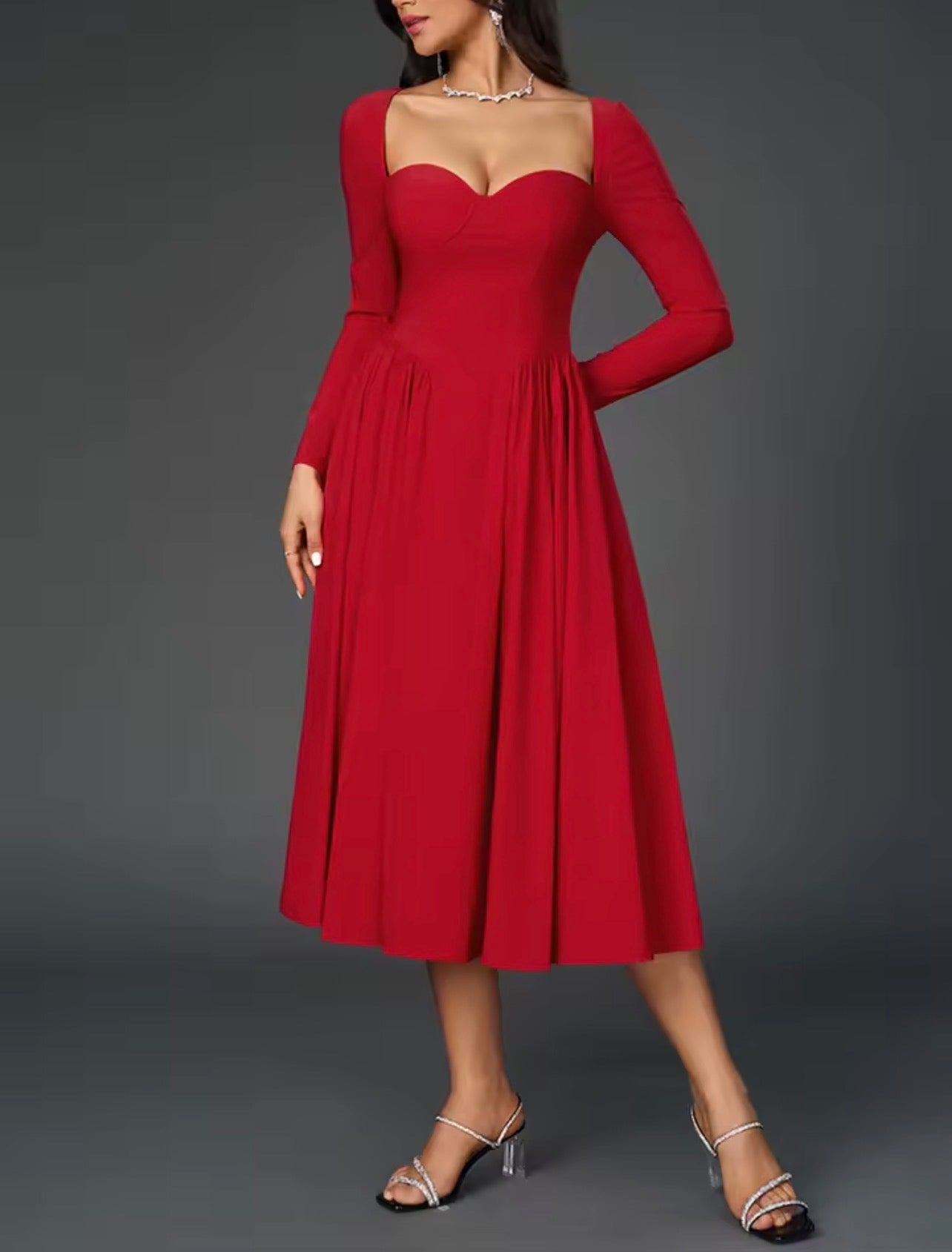 Beautiful Sweetheart Neckline Long Sleeve Pleated Midi A-Line Dress - Free Shipping