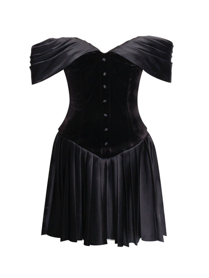 Miss Circle Echo Black Velvet Off-shoulder Pleated Mini Dress - Free Shipping