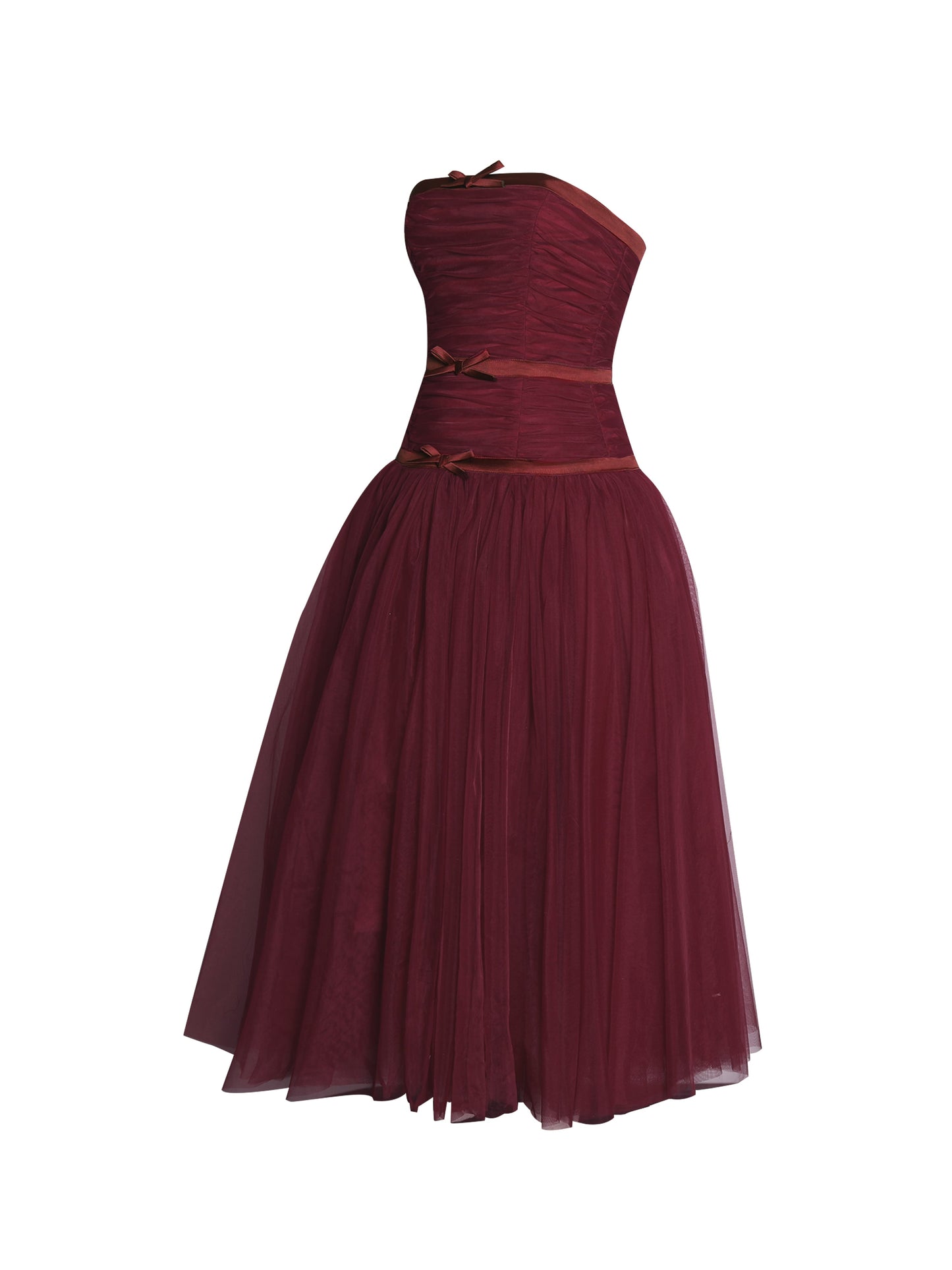 Miss Circle Mabel Burgundy Drop Waist Layered Mesh Midi Puffy Dress with Bow - Free Shipping