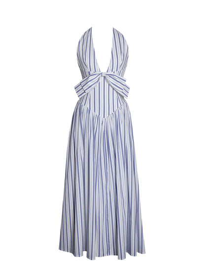 Miss Circle Mackenna Navy Stripe Halter Smock Back Maxi Dress - Free Shipping