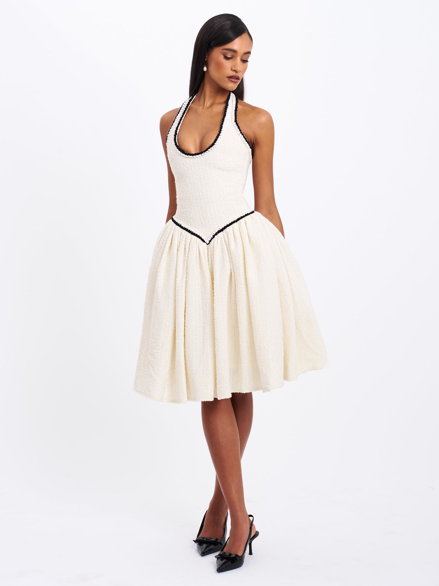 Miss Circle Natalie U Neck Halter Drop Waist Tweed Midi Dress - Free Shipping