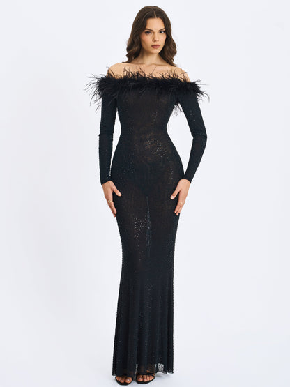 Miss Circle Emberly Black Fur Trimmed Off-Shoulder Rhinestone Mermaid Maxi Dress - Free Shipping