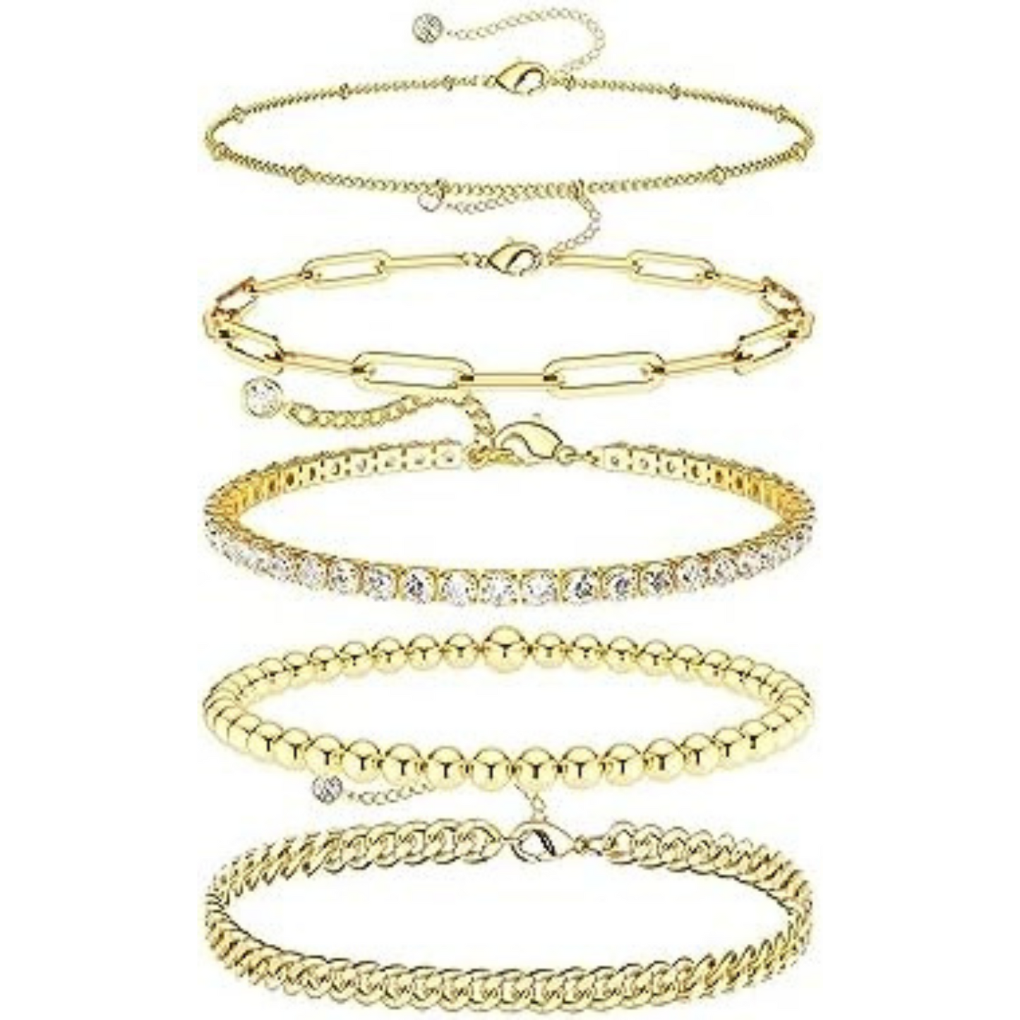 14K Gold Filled Bracelet Set: Tennis, Cuban, Beaded, Paperclip