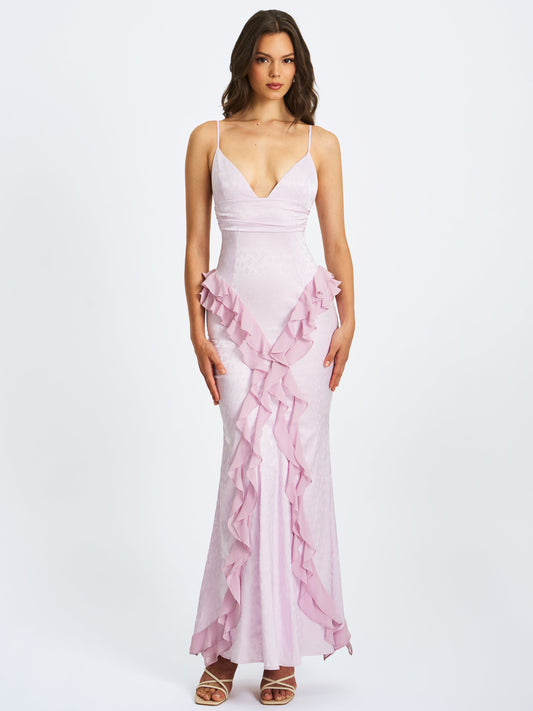 Romantic Paolina Taro Pink Jacquard Ruffle Mermaid Maxi Dress - Free Shipping