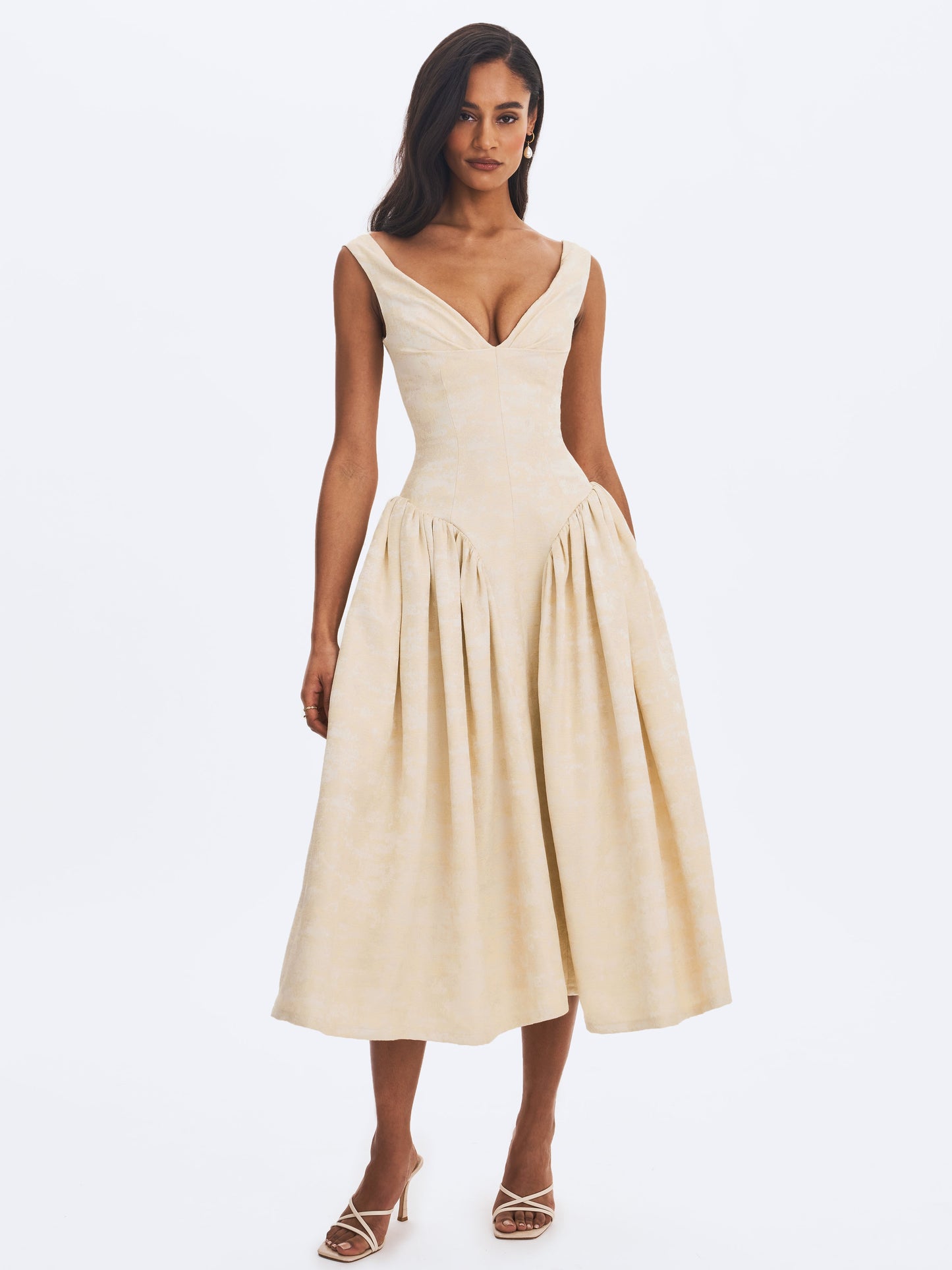 Miss Circle Elegant Chelsea Ivory Jacquard Ruched Bust Sweetheart Midi Dress - Free Shipping