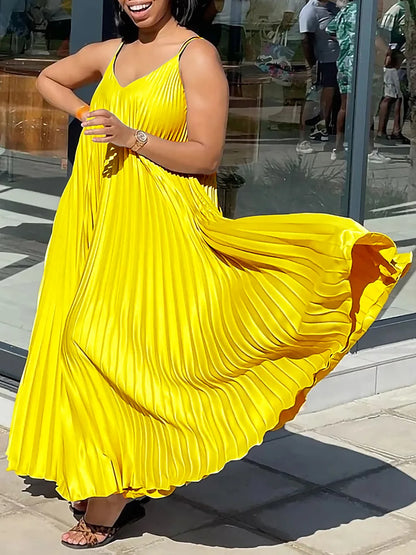 Elegant Pleated Summer Dress - Loose Waisted V-Neck Spaghetti Strap Maxi Dress-S-XXXL-Free Shipping