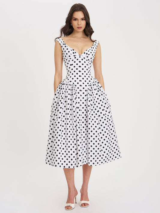 Miss Circle Rahma Polka Dot Drop Waist Midi Cotton Poplin Dress - Free Shipping