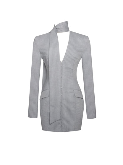Miss Circle Tahlia Deep V Pinstripes Gray Blazer Dress with Scarf Collar - Free Shipping