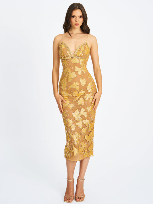 Sophisticated Edie Gold Beaded Sequin Midi Pencil Dress - Free Shipping