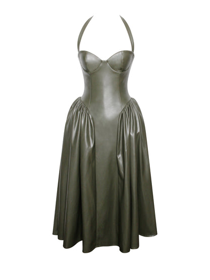Miss Circle Eliana Olive Vegan Leather Dress - Free Shipping