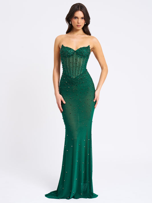Miss Circle Fatima Green Crystal Sleeveless Corset Mermaid Maxi Dress - Free Shipping