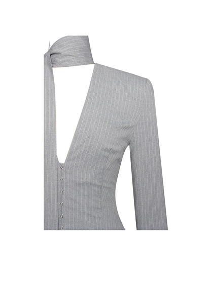Miss Circle Tahlia Deep V Pinstripes Gray Blazer Dress with Scarf Collar - Free Shipping