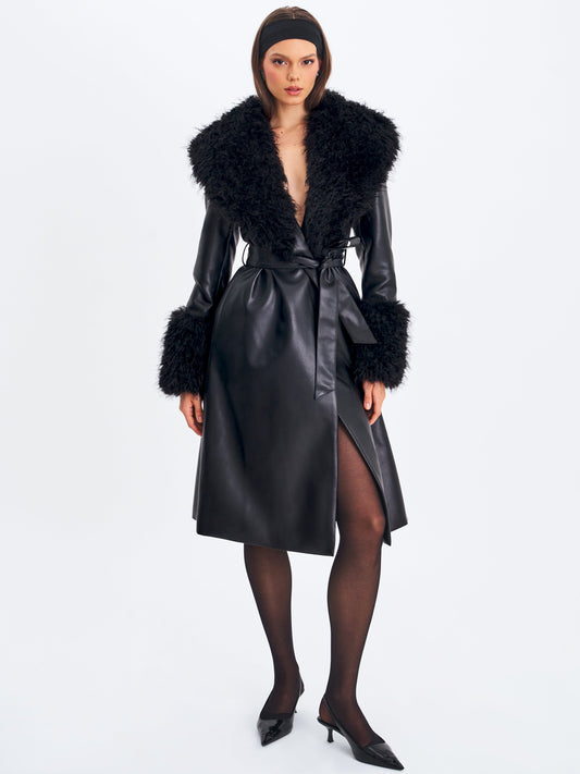 Miss Circle Zariah Black Faux Fur Trimmed Longline Coat - Free Shipping