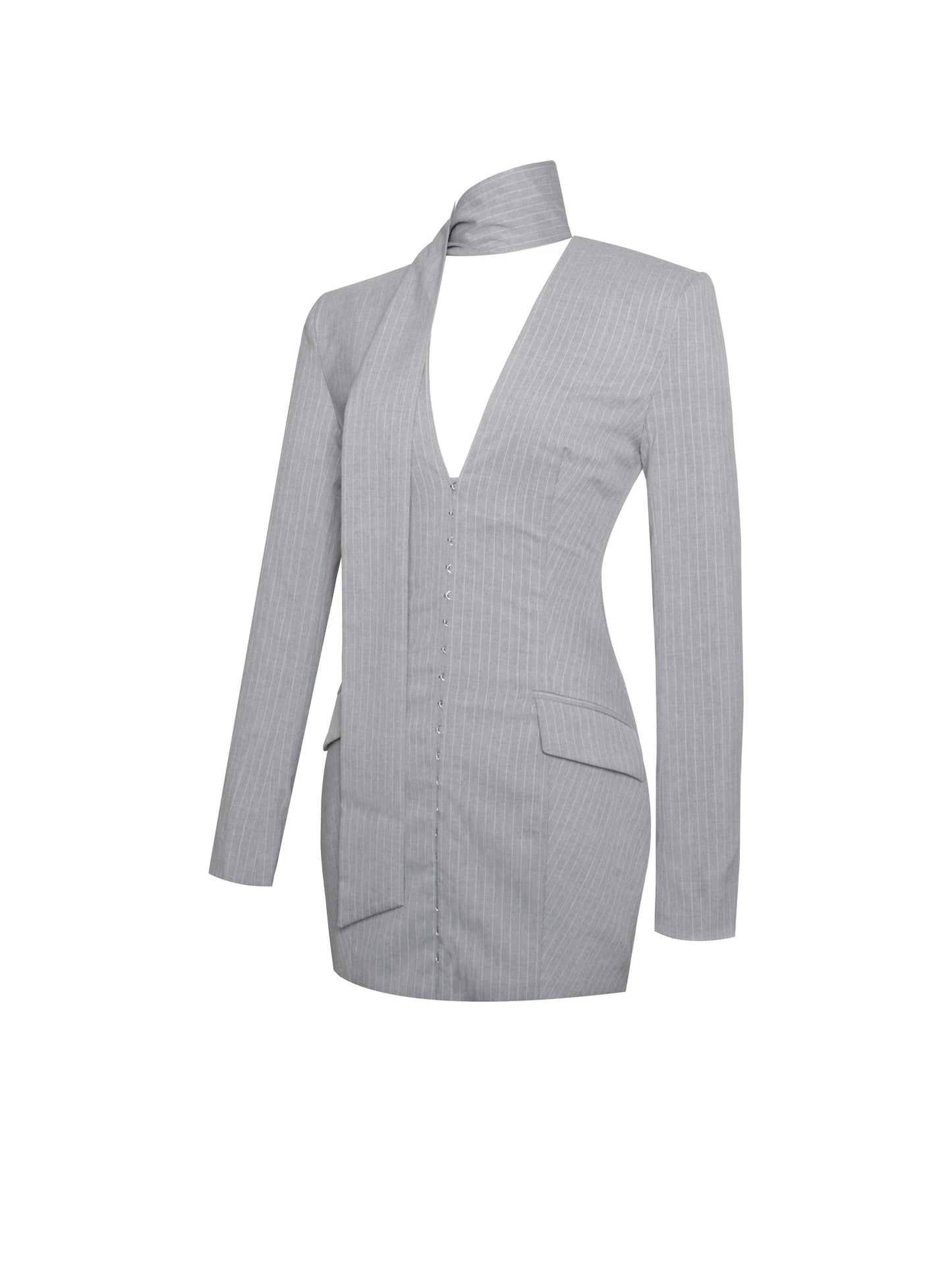 Miss Circle Tahlia Deep V Pinstripes Gray Blazer Dress with Scarf Collar - Free Shipping