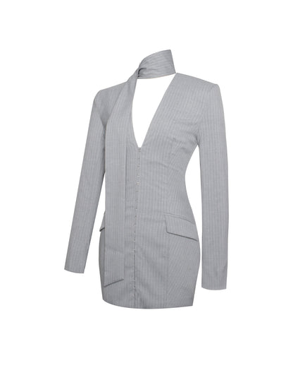 Miss Circle Tahlia Deep V Pinstripes Gray Blazer Dress with Scarf Collar - Free Shipping