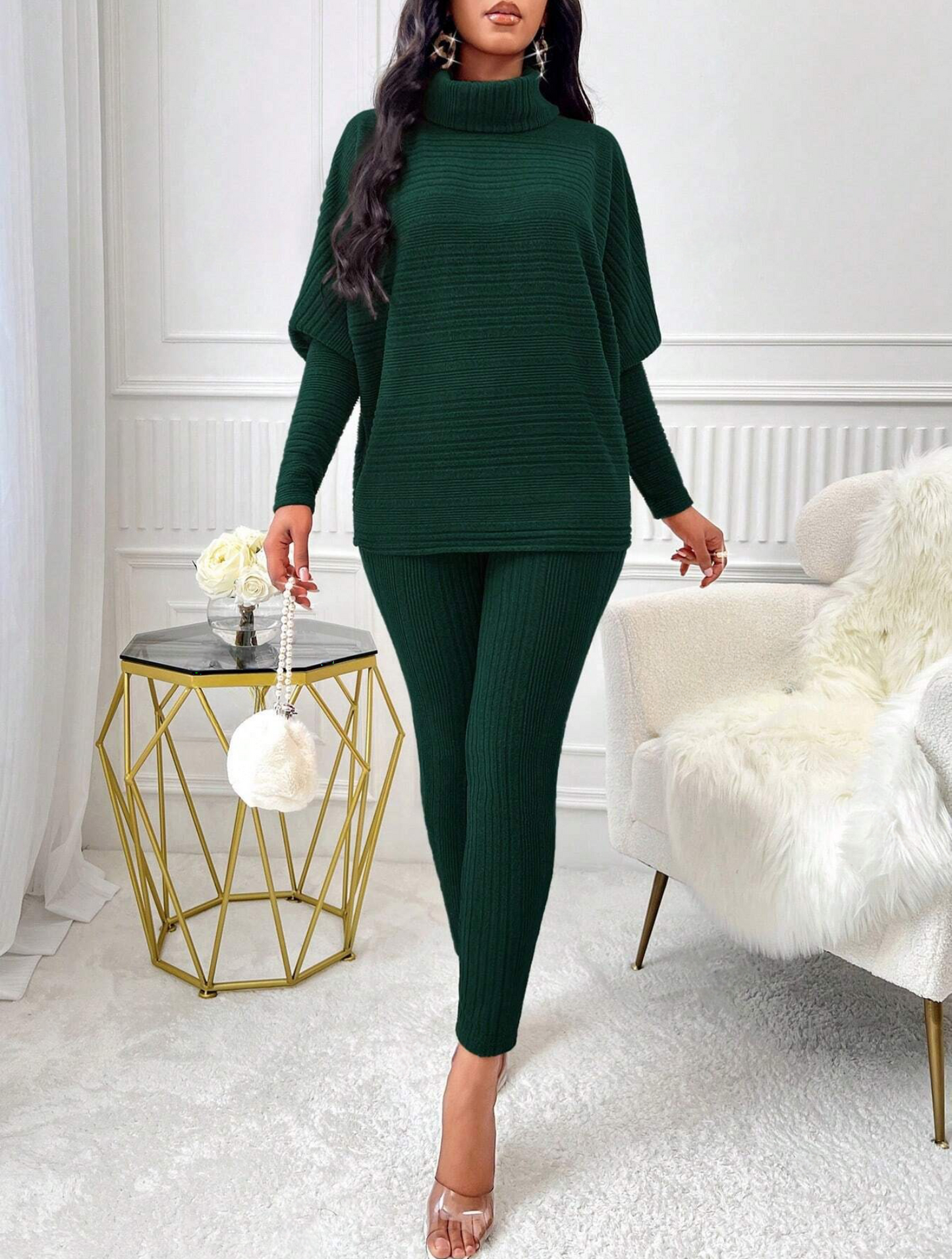 Chic 2-Piece Light Gray Solid Ribbed Turtleneck Batwing Sweater & Leggings Set - Free Shipping