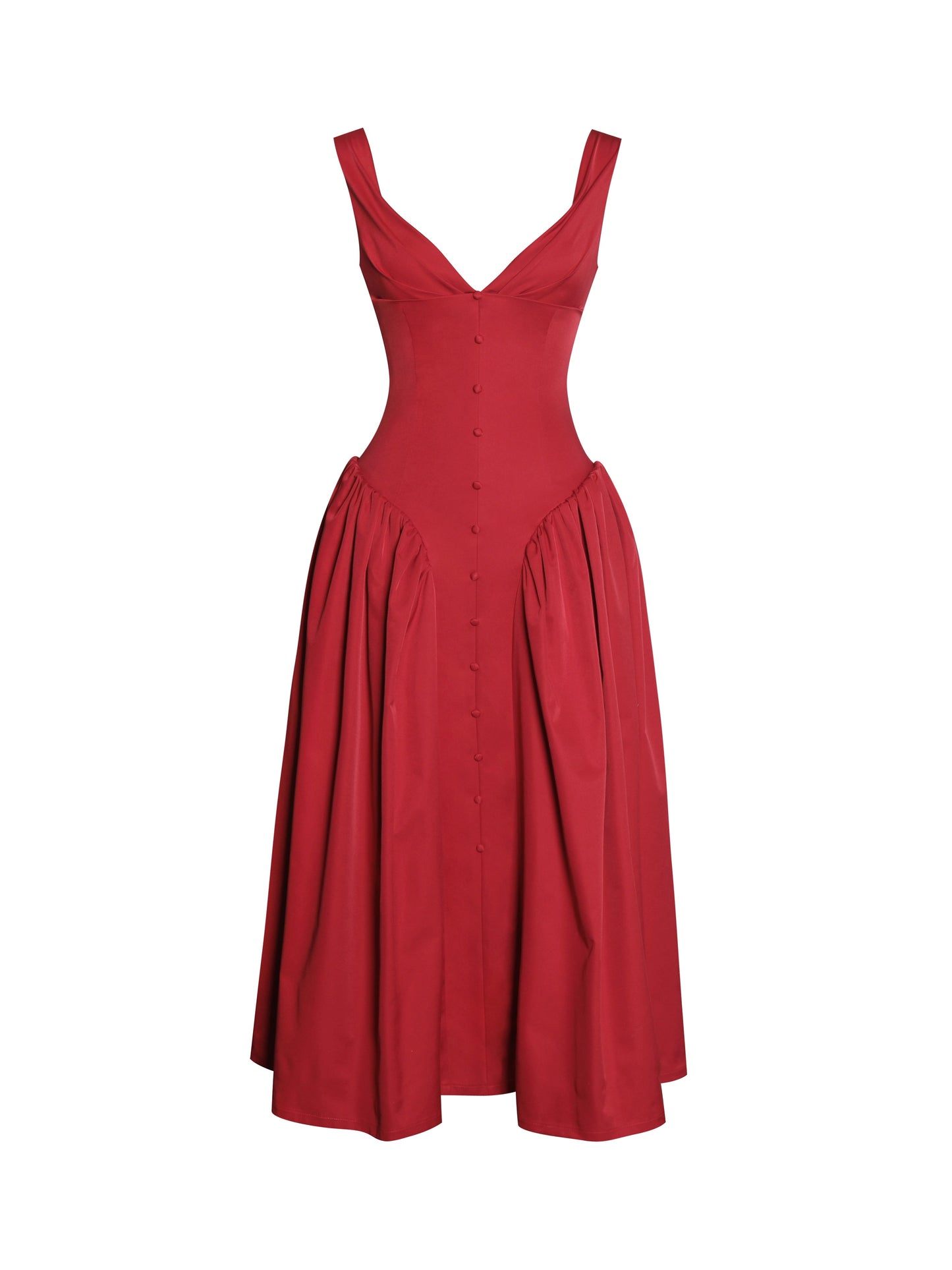 Miss Circle Nahla Red Drop Waist Midi Dress with Buttons - Free Shipping