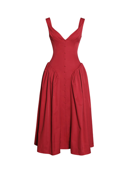 Miss Circle Nahla Red Drop Waist Midi Dress with Buttons - Free Shipping