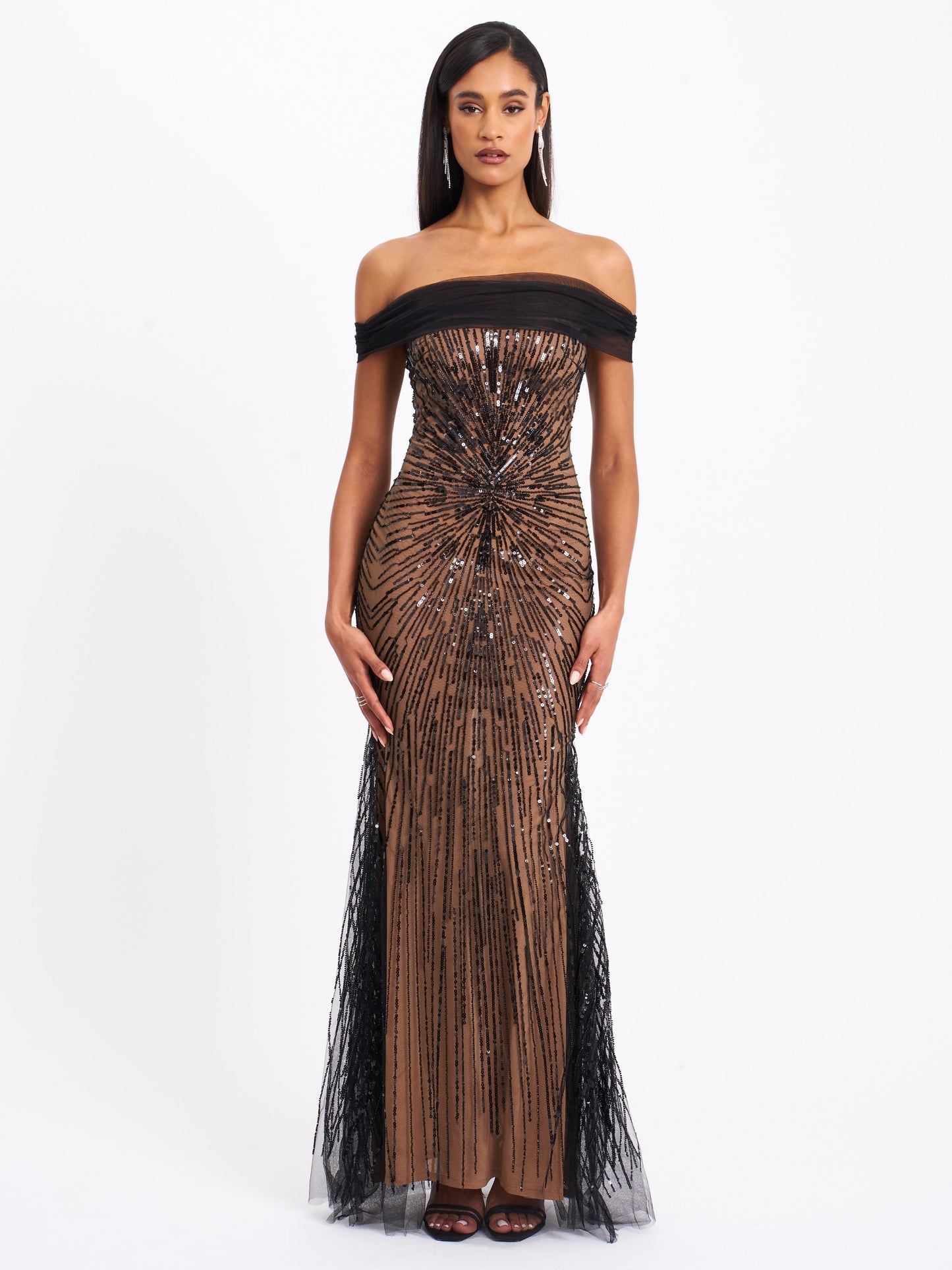 Miss Circle Qeturah Embroidered Sequin Off Shoulder Mesh Gown - Free Shipping