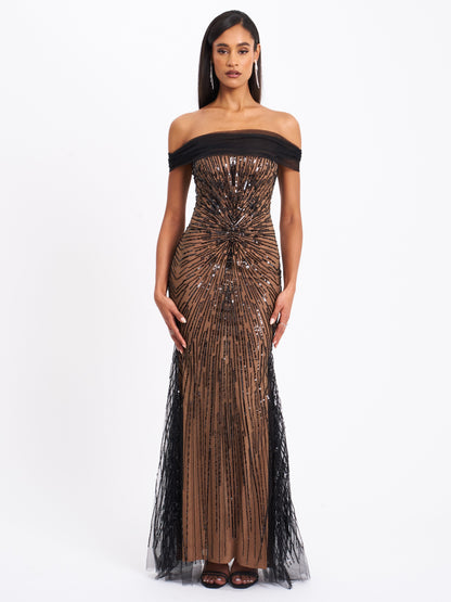Miss Circle Qeturah Embroidered Sequin Off Shoulder Mesh Gown - Free Shipping