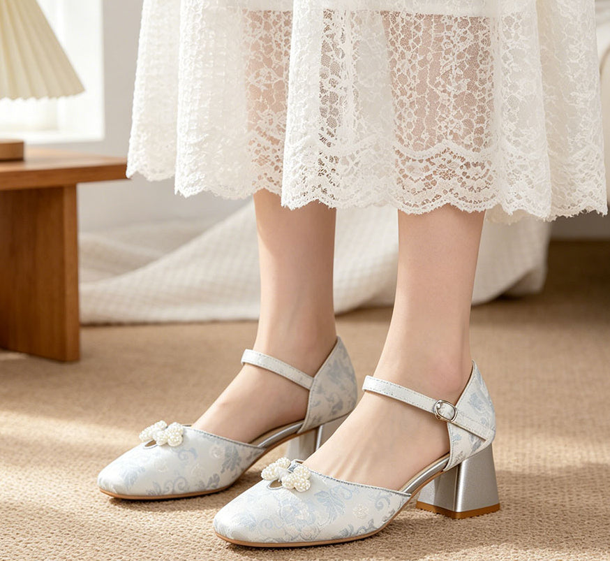 Jacquard  Pearl Bow Square-Toe Chunky Platform Heel Shoes - Free Shipping