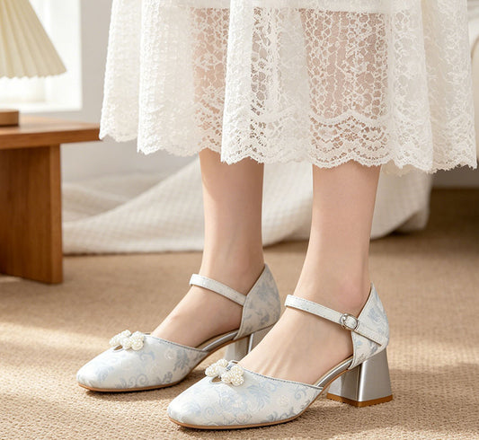Jacquard  Pearl Bow Square-Toe Chunky Platform Heel Shoes - Free Shipping