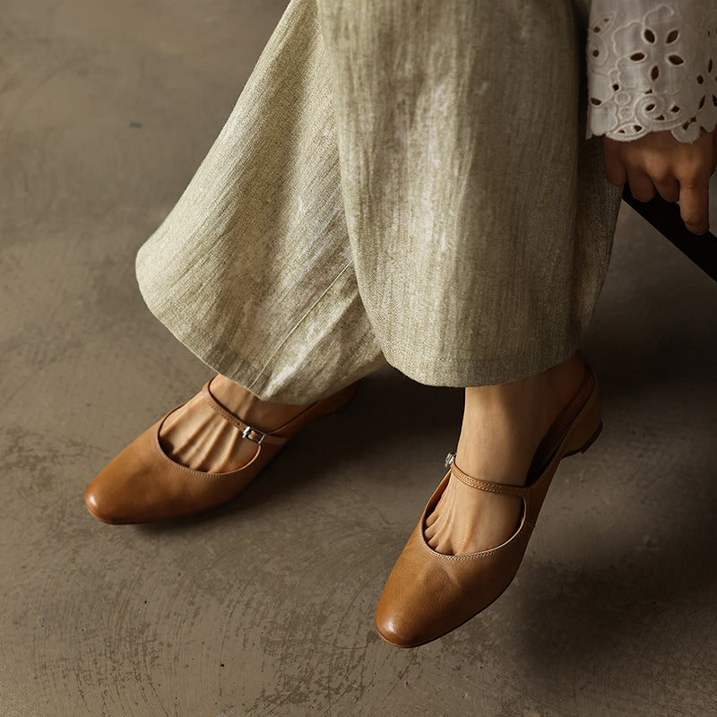 Leather Low Heel Square Toe Mary Jane Mules Sandals - Free Shipping