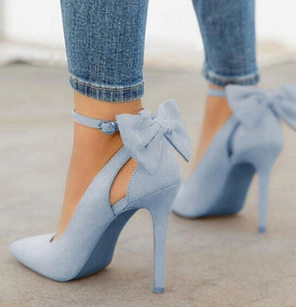 Bow Pointed-Toe Faux Leather Stiletto High Heels - Free Shipping