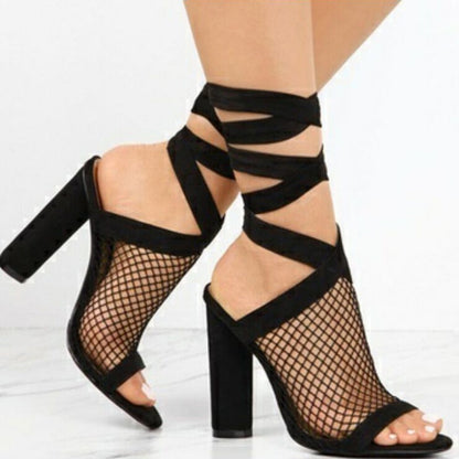 Lace-Up Bandage Open-Toe Flock High Heels - Free Shipping