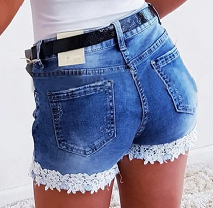 Women's Fashionable Stretch Denim Shorts with Lace Stitching - Fun Summer Jeans-Free Shipping